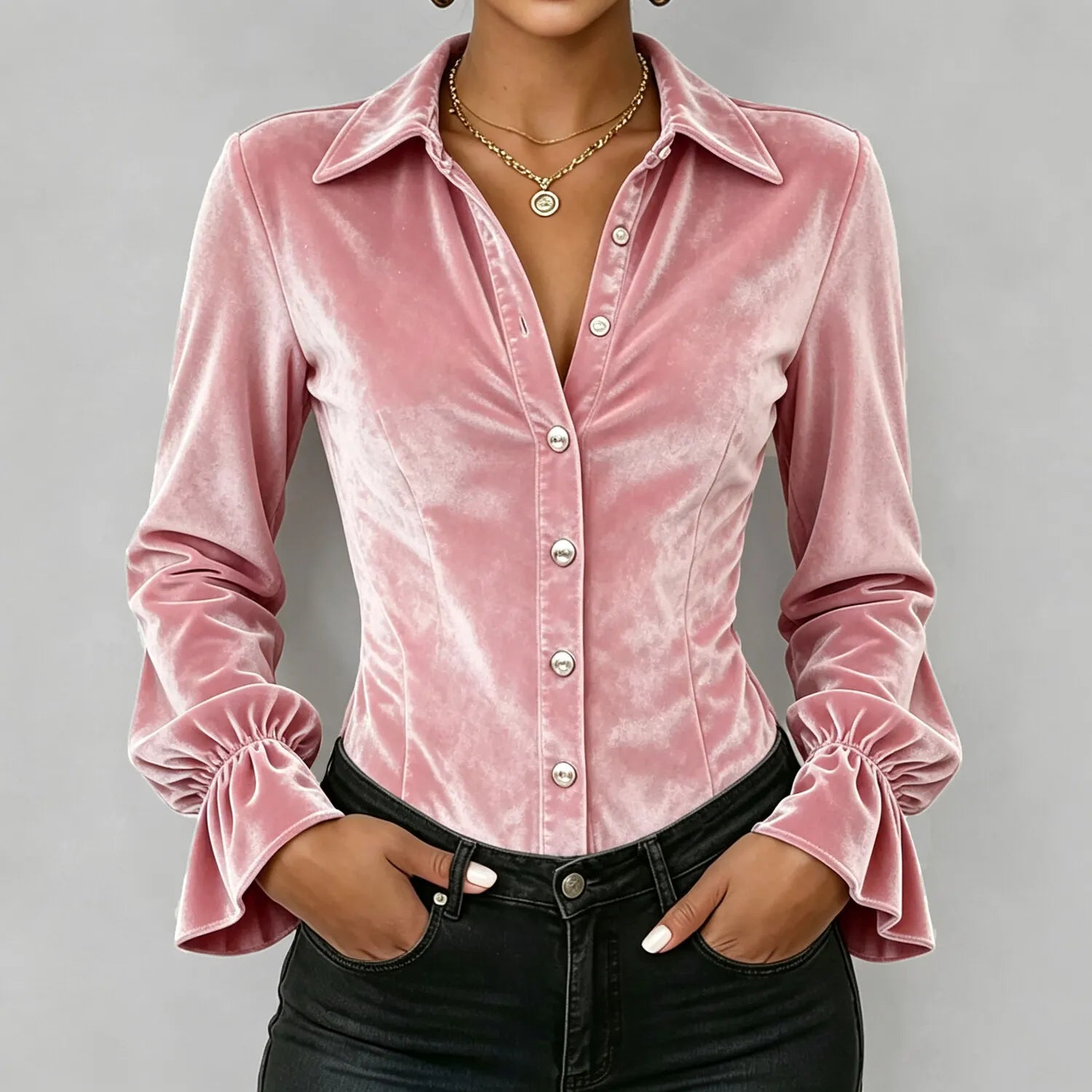 Women's Elegant Velvet Shirt Collar Long Sleeve Flare Cuff Button Down Blouse