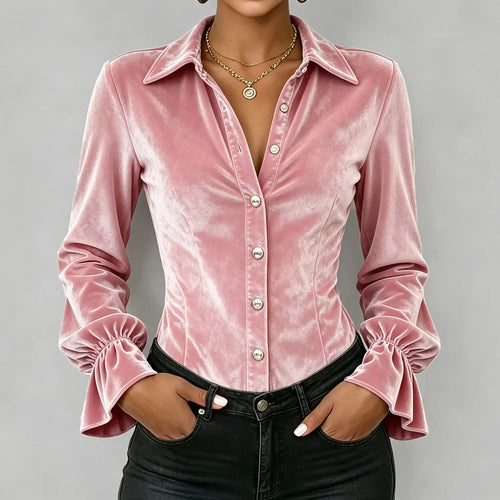 Women's Elegant Velvet Shirt Collar Long Sleeve Flare Cuff Button Down Blouse