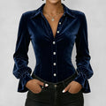 Women's Elegant Velvet Shirt Collar Long Sleeve Flare Cuff Button Down Blouse