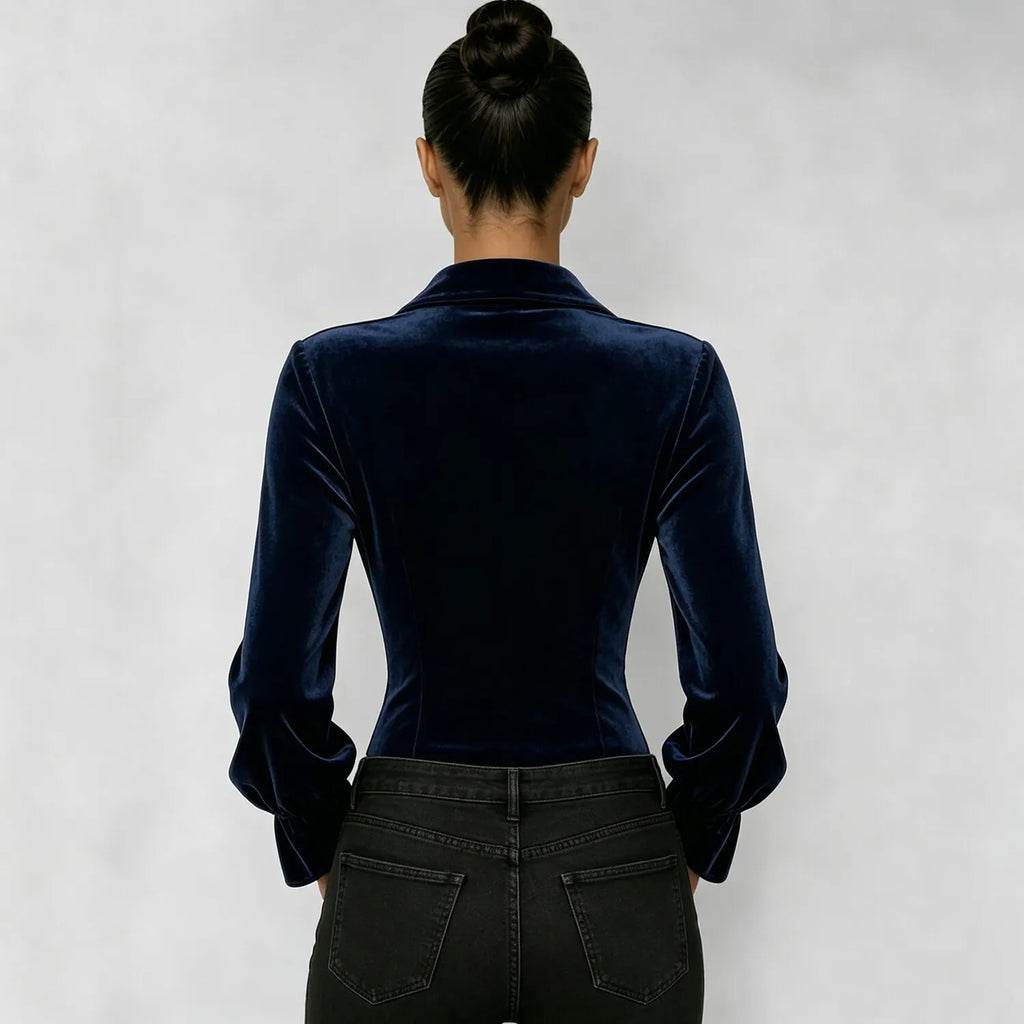 Women's Elegant Velvet Shirt Collar Long Sleeve Flare Cuff Button Down Blouse